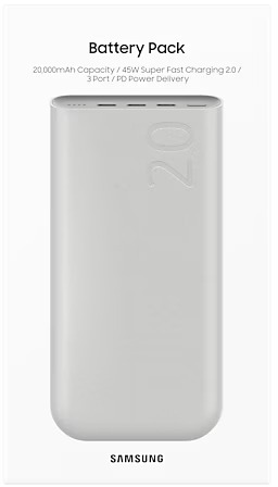 Fehér Samsung akkumulátor, felirattal, 20 000mAh, 3 porttal, fehér háttéren.