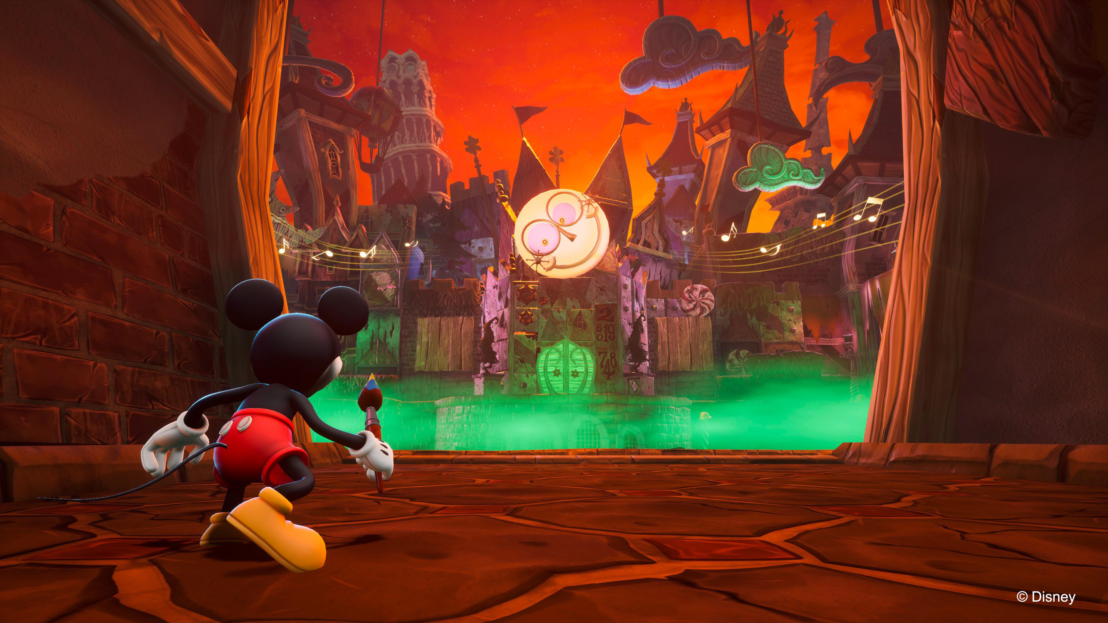 Mickey Mouse malt in dunkler Umgebung. Stilisierte Gebäude und ein gruseliger Hintergrund.