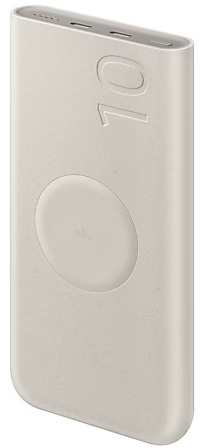 Fehér power bank 10-es számmal és töltési szimbólummal a közepén.