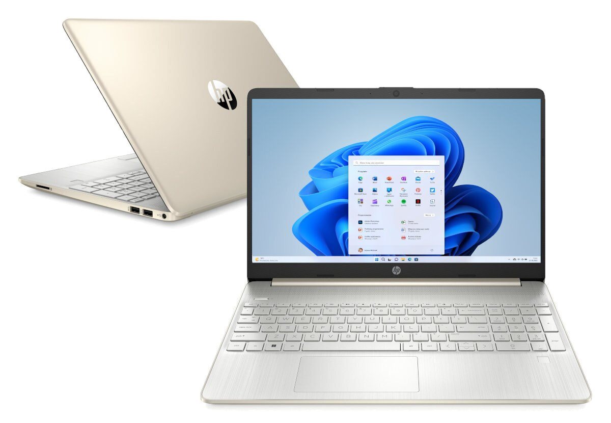 Dwa laptopy, złoty kolor, jeden otwarty z interfejsem Windows 11.