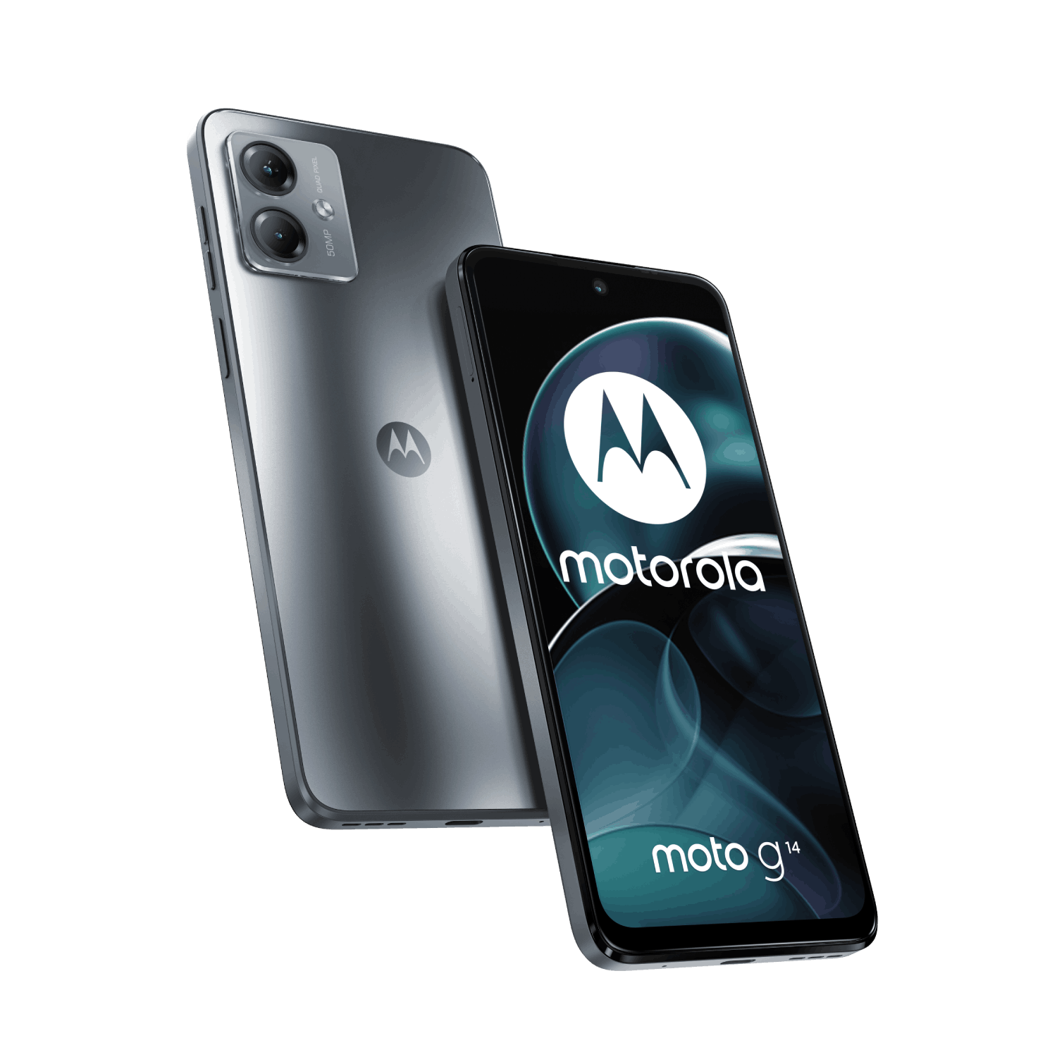 Smartphone Moto g14, pantalla y parte trasera negras, sobre fondo negro.