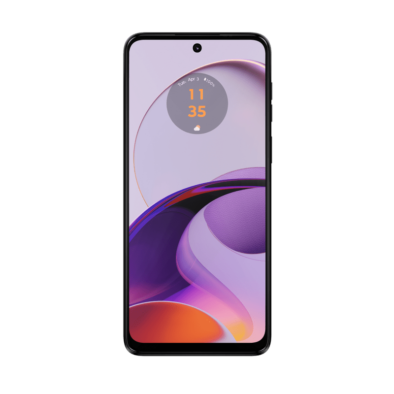 Smartphone negro con pantalla curva, mostrando la hora y fondo colorido, sobre fondo negro.
