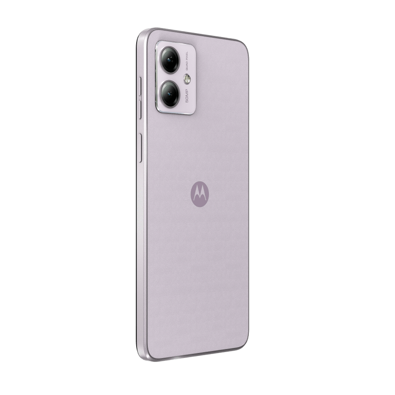 Teléfono Motorola morado con cámara de doble lente, sobre fondo negro.