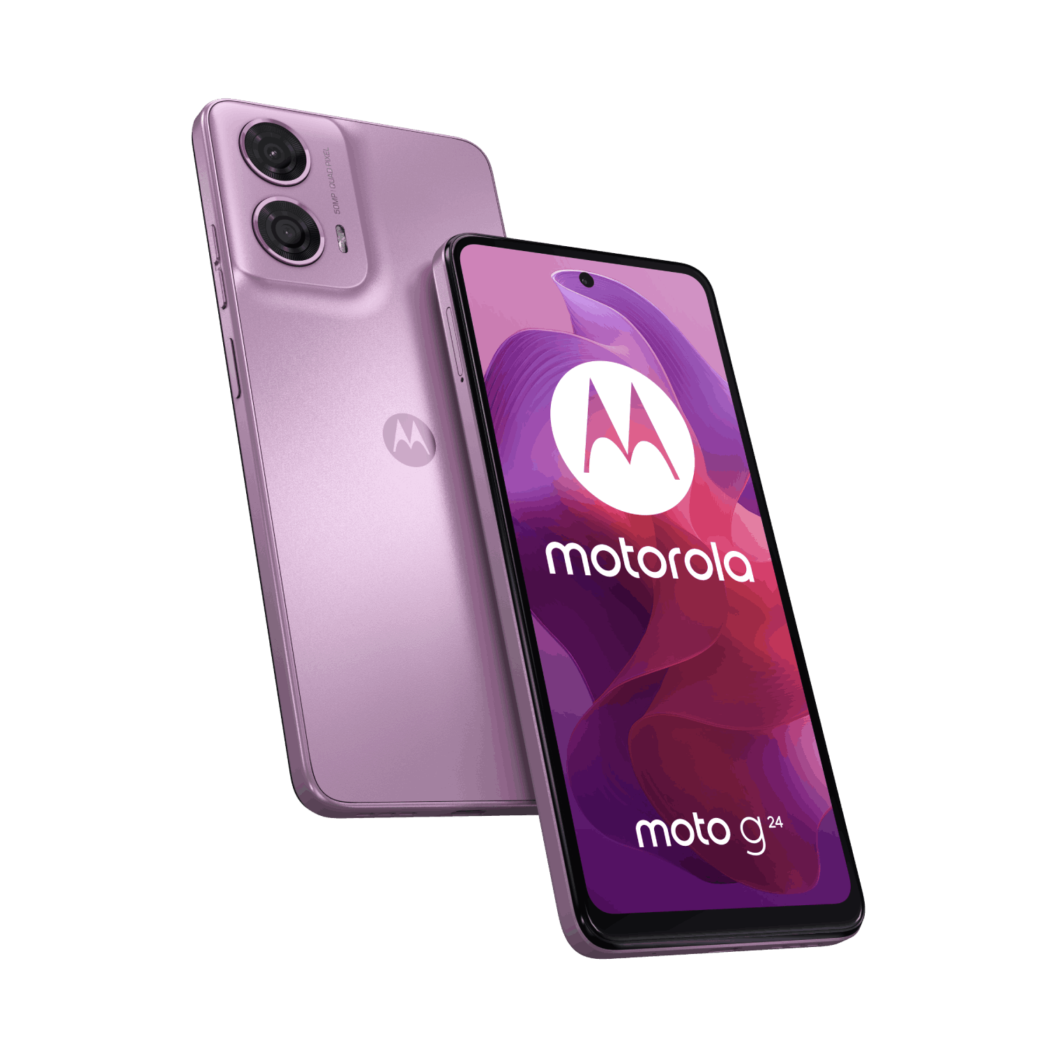 Dos teléfonos Motorola lavanda, uno mostrando el logo Moto G24, sobre fondo negro.