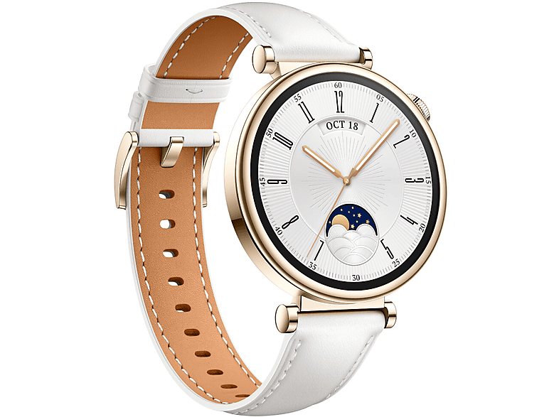 Złoty smartwatch z białym skórzanym paskiem i białą tarczą wskazującą datę.