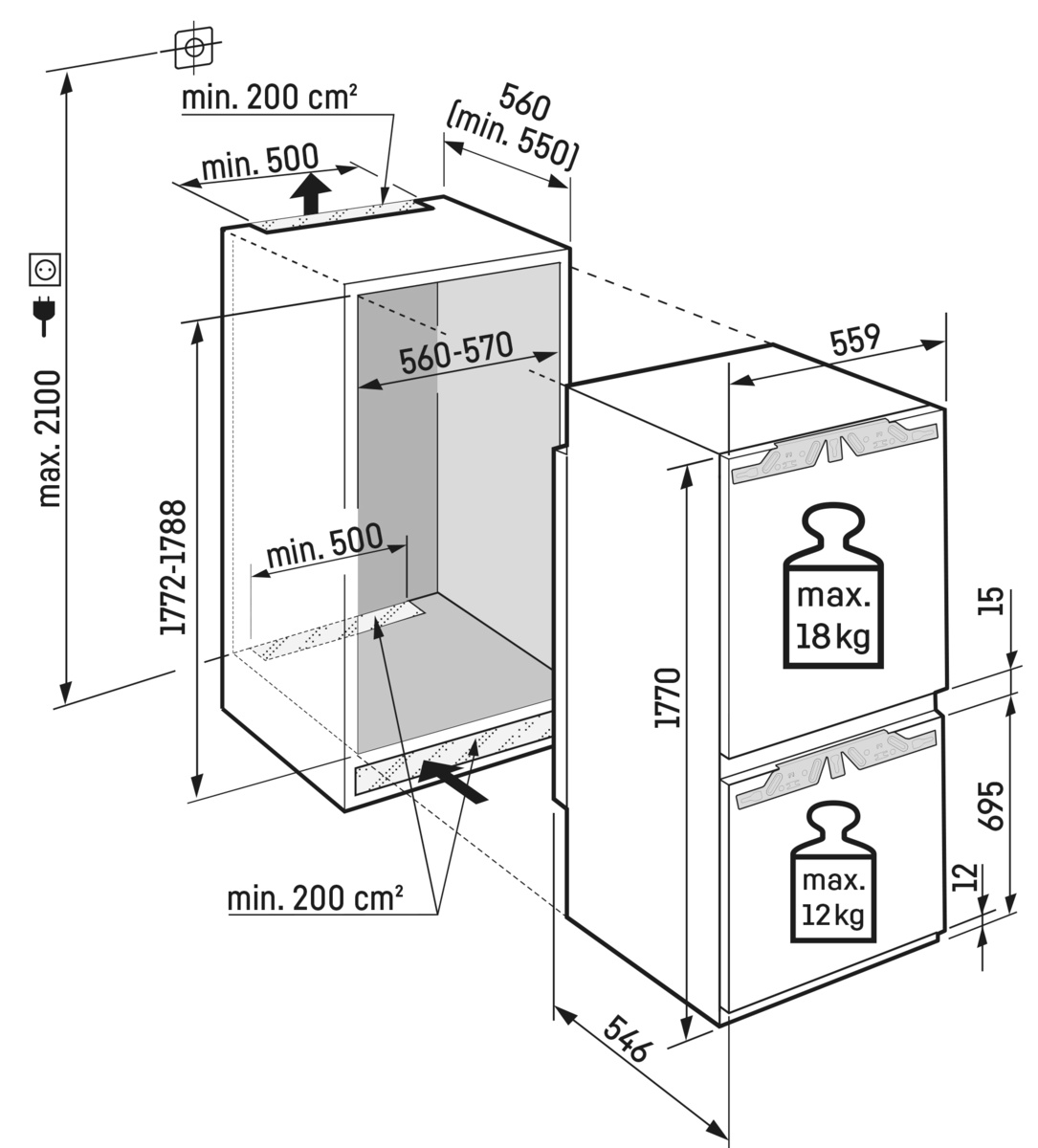 Beépített hűtőszekrény egység diagramja fekete vonalakkal, mérésekkel és méretekkel.