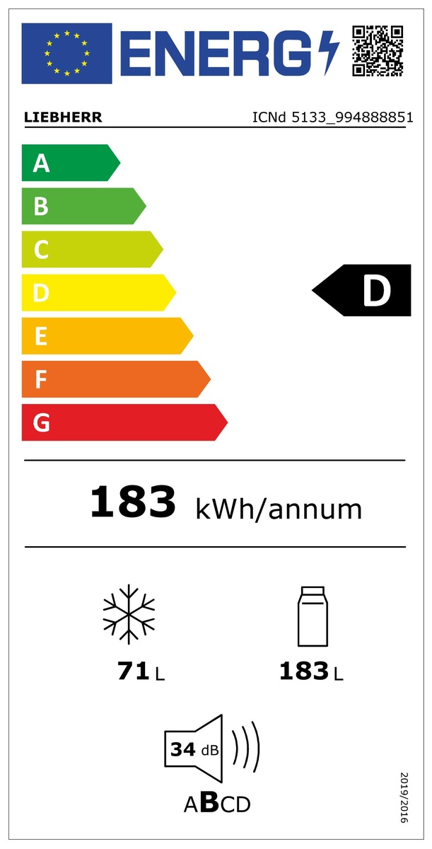 Energia címke hűtőszekrényhez, energiahatékonyságot és egyéb részleteket mutat.