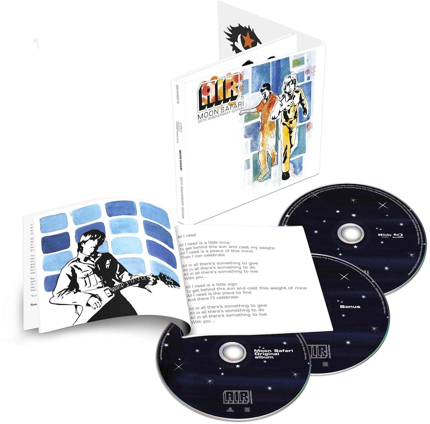 Az Air Moon Safari albumának CD-készlete, a borítóval, ami a grafikát és a szövegeket mutatja, és két CD-vel a tokban.