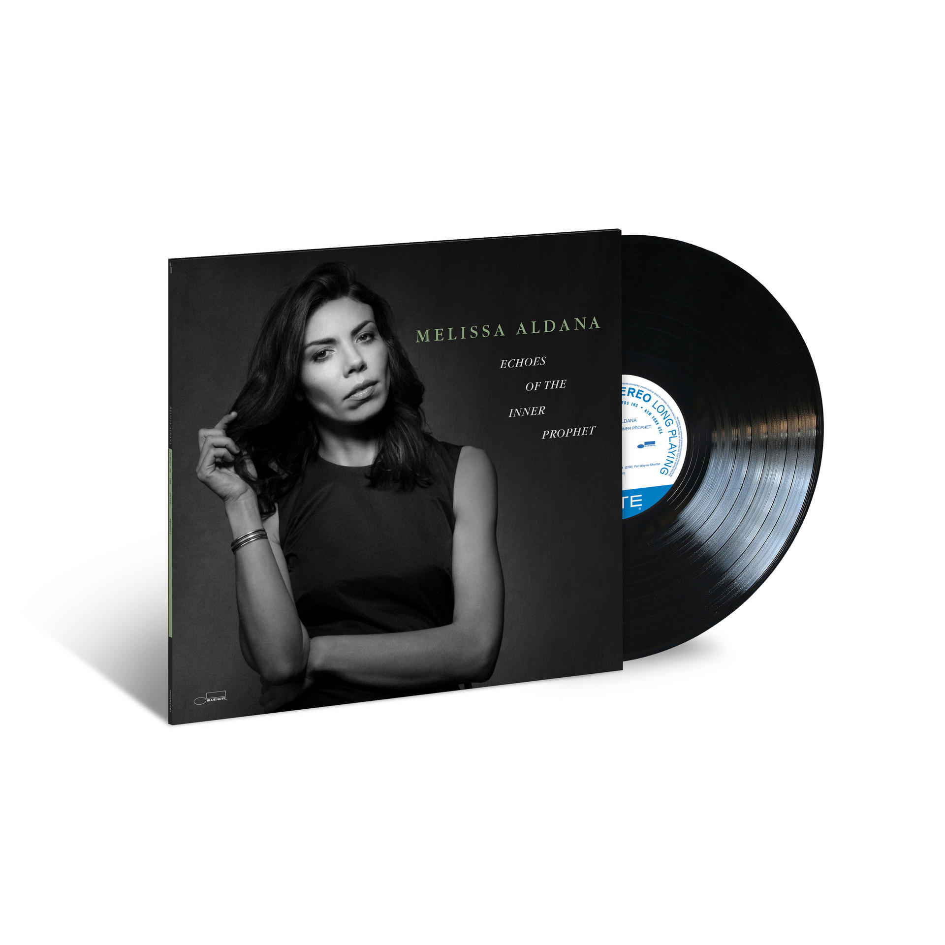Albumcover, Melissa Aldana, schwarze Vinyl-Schallplatte auf weißem Hintergrund.