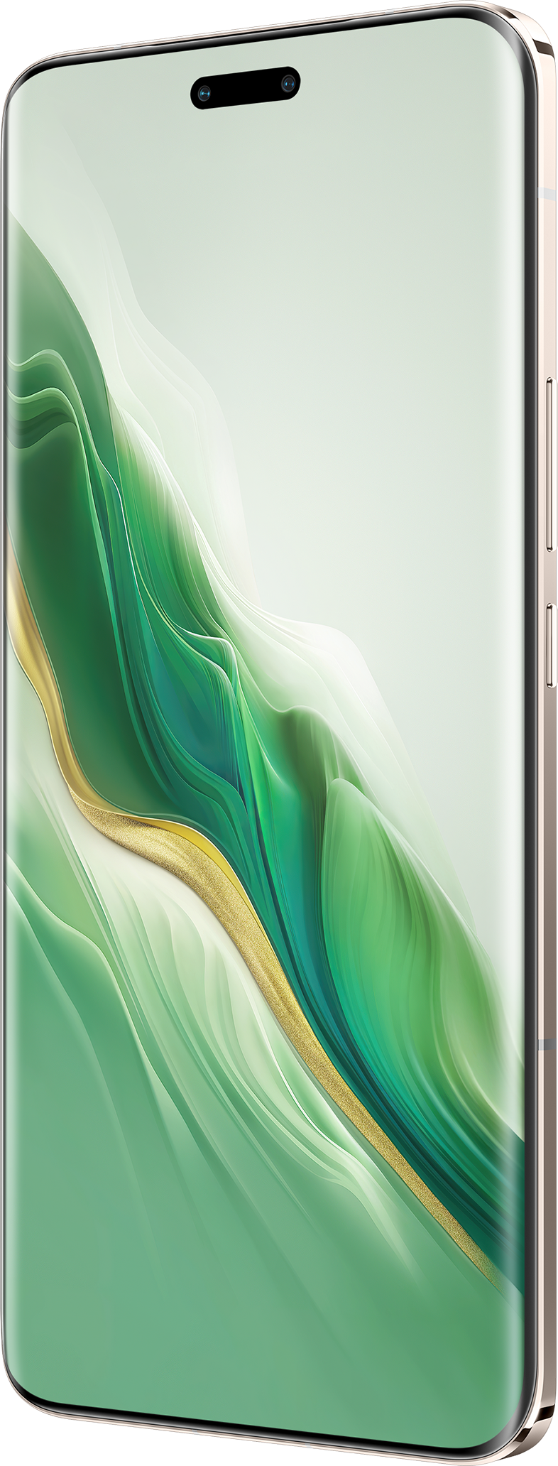 Világos arany telefon zöld és arany mintás képernyővel.