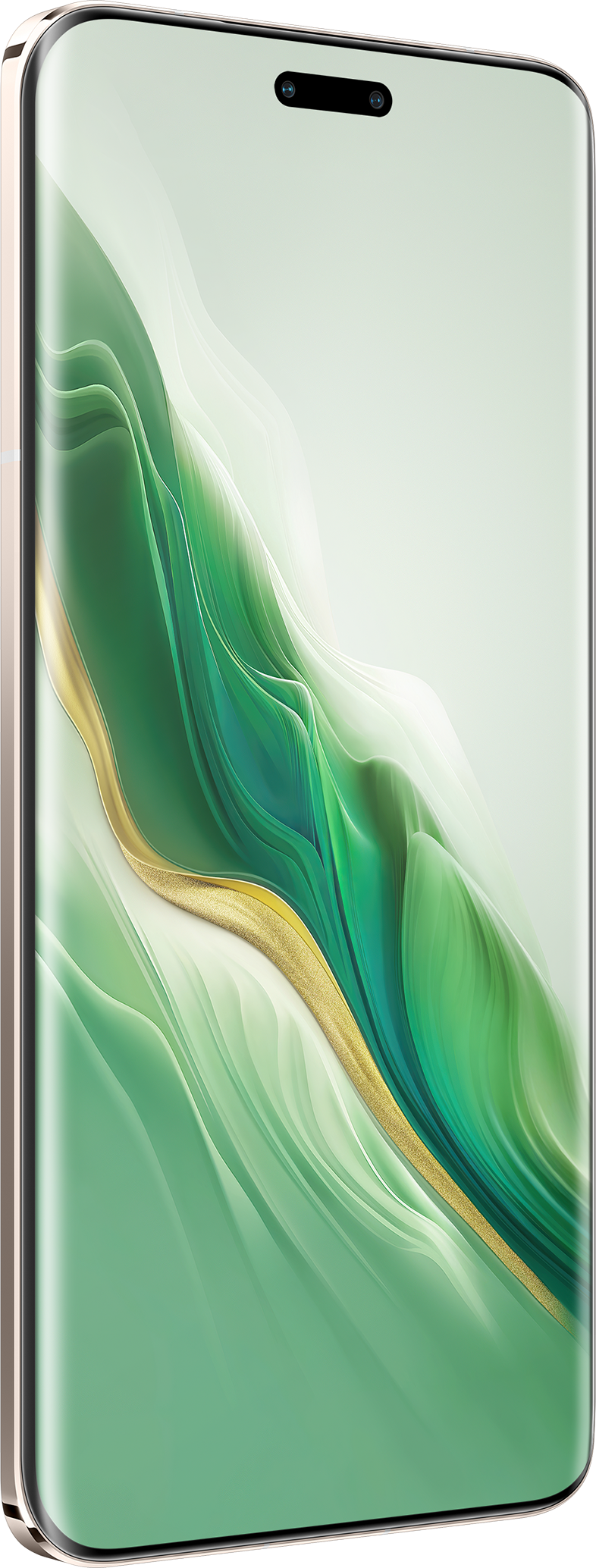 Egy zöld telefon arany kerettel. A telefon ívelt. A kamera látható.
