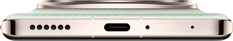 Egy zöld telefon alja hangszórólyukakkal, USB-C porttal és mikrofonnal.