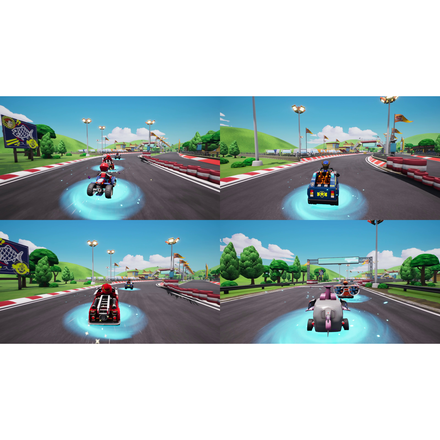 Een gesplitste afbeelding met een cartoon racebaan met auto's die over de baan racen.