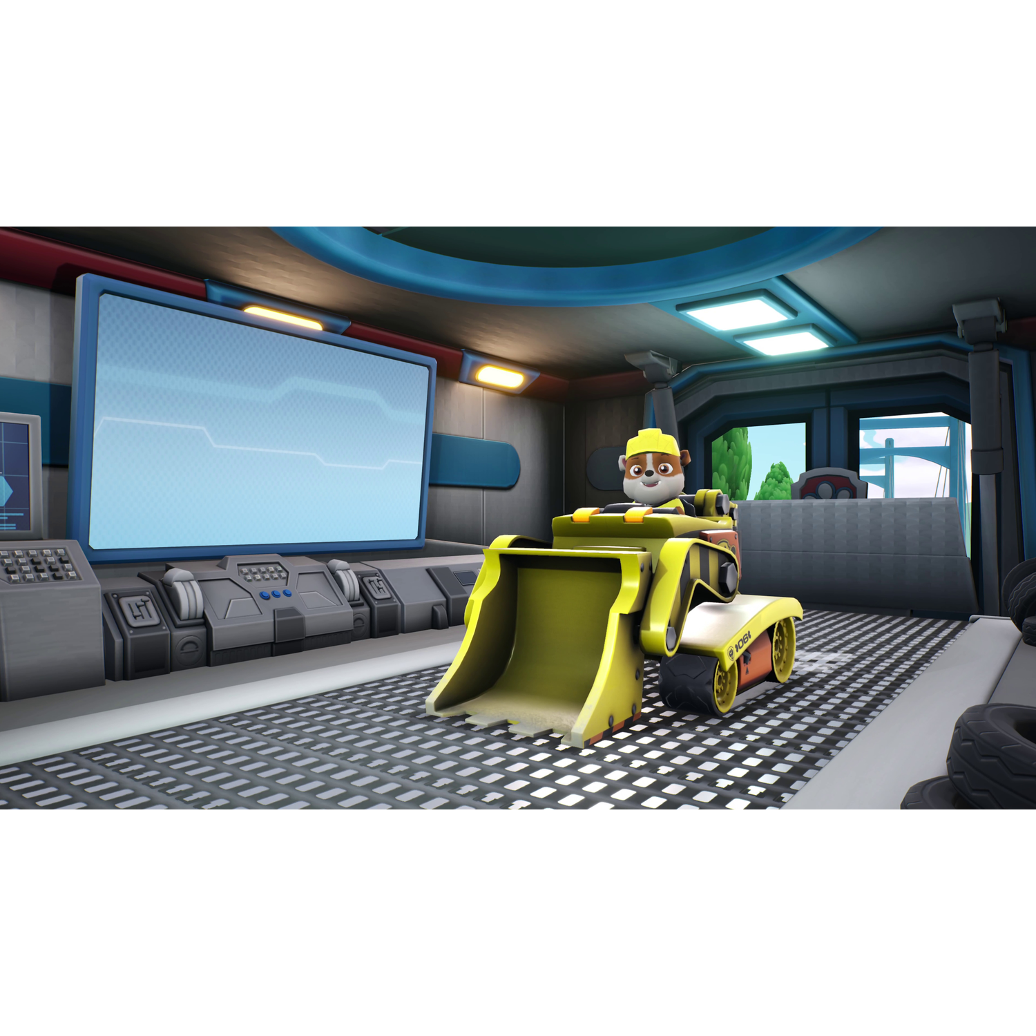 Een cartoon-bulldozer bestuurd door een cartoonhond in een futuristische setting. Er is een scherm achter.