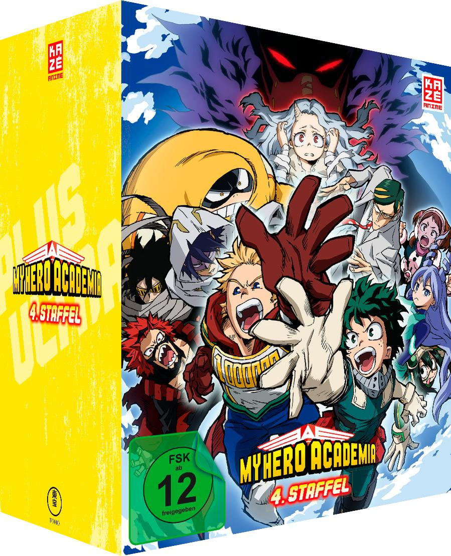 My Hero Academia 4. Staffel DVD-Box mit Anime-Charakteren auf der Vorderseite.