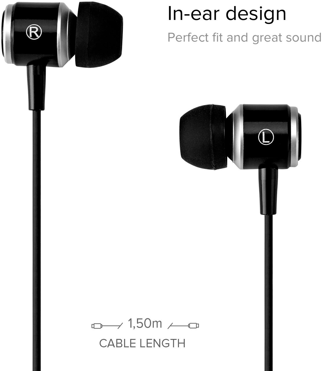 Czarne słuchawki douszne z oznaczeniami 'R' i 'L'. Długość kabla 1,50 m.