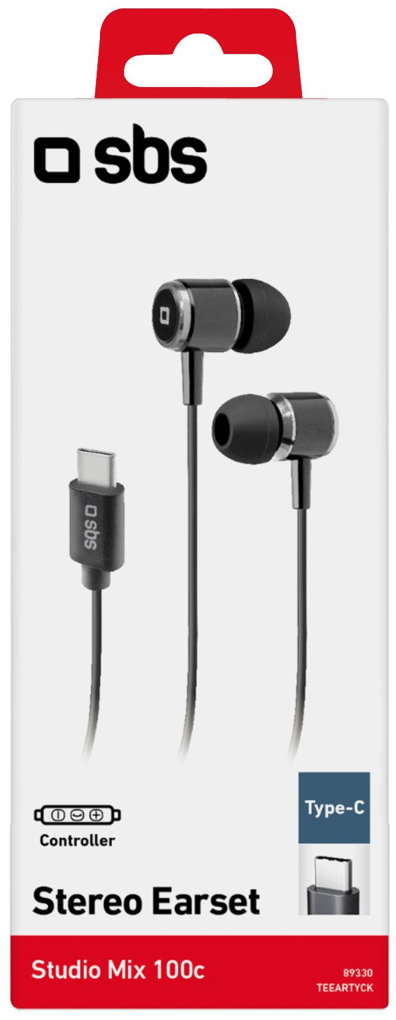 Czarno-srebrny zestaw słuchawkowy SBS Studio Mix 100c Type-C w biało-czarnym opakowaniu.