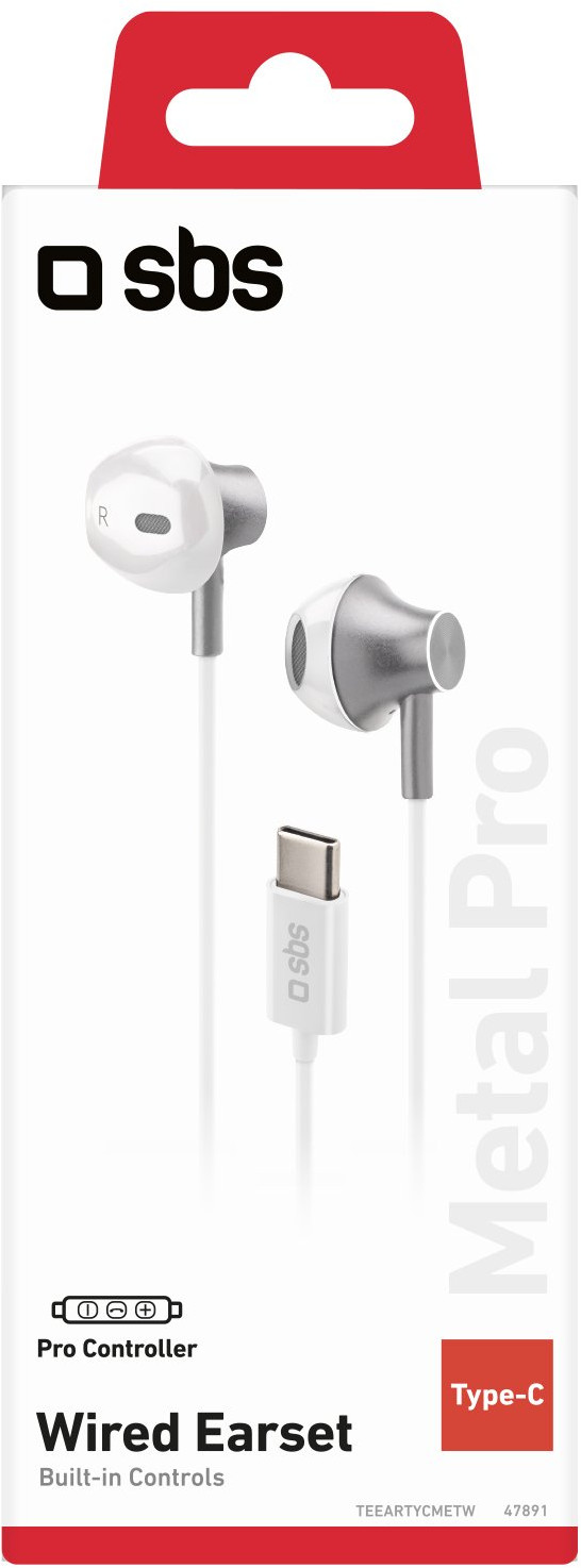 Biało-srebrny przewodowy zestaw słuchawkowy SBS Metal Pro w opakowaniu ze złączem Type-C.