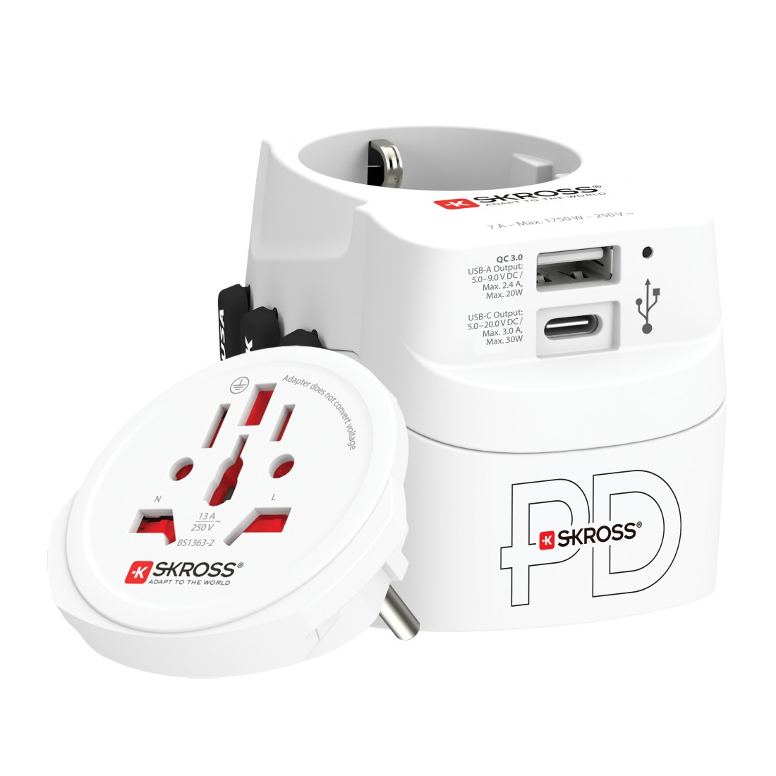 Weißer Reiseadapter mit verschiedenen Steckertypen und USB-Anschlüssen.