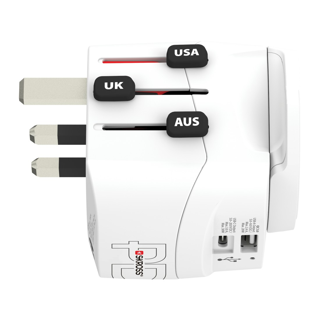 Weißer Reiseadapter mit USA-, UK- und AUS-Etiketten.