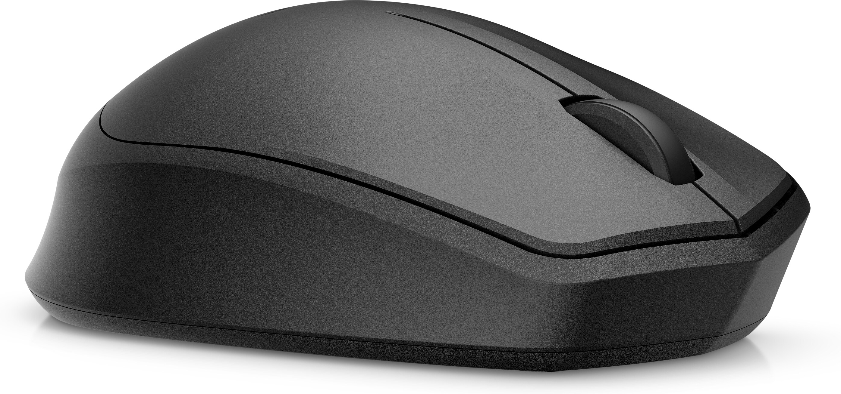 A black computer mouse on a white surface. The mouse has a scroll wheel and two buttons.