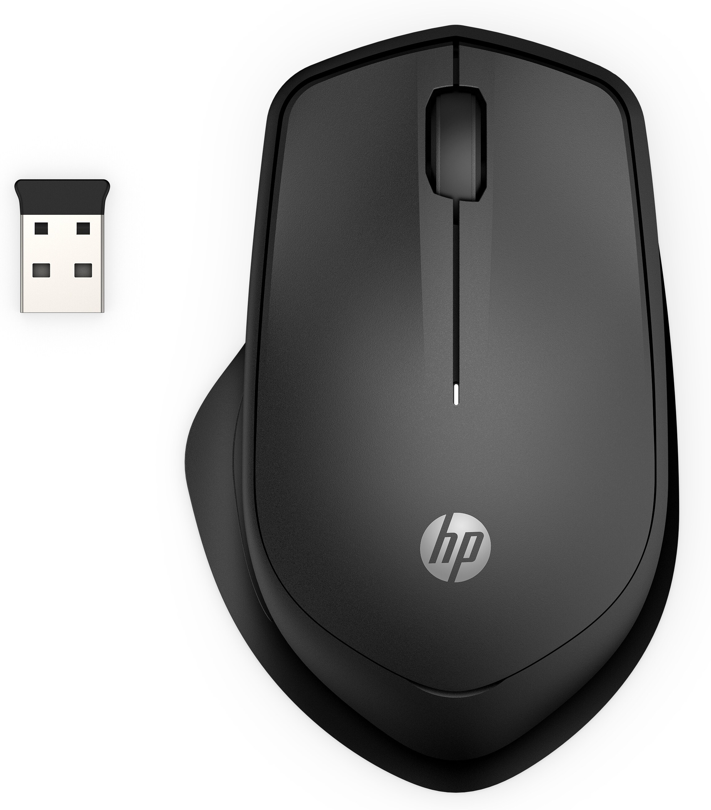 A black HP wireless mouse with a USB receiver. The HP logo is visible.