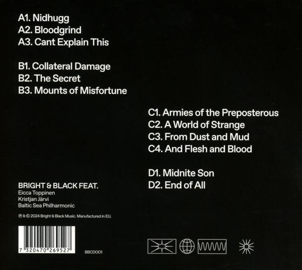 Schwarzes Albumcover mit weißem Text, der Titel auf schwarzem Hintergrund auflistet.