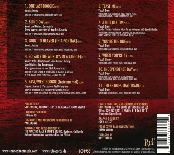 Das Albumcover listet Songtitel, Credits und Kontaktinformationen auf weinrotem Hintergrund auf. Der Text ist weiß. Enthält einen Barcode.