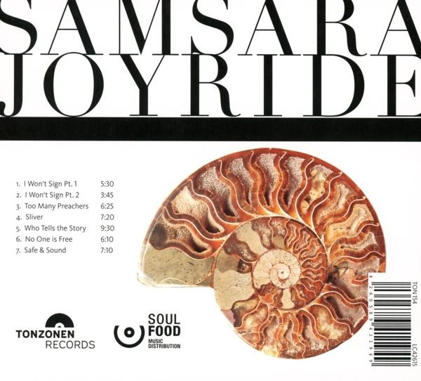 Albumcover mit Titel Samsara Joyride, Trackliste und Ammonitenfossil.