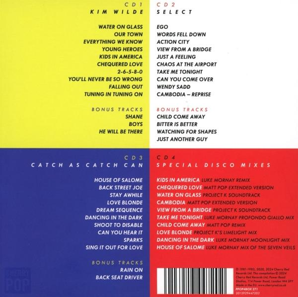 CD-Cover mit Titellisten für Kim Wilde CDs 1-4, Farbaufteilung gelb, blau, rot.