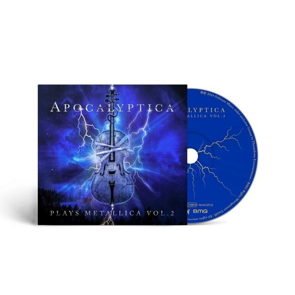 Apocalyptica Albumcover mit Geige und Blitz vor blauem Hintergrund.