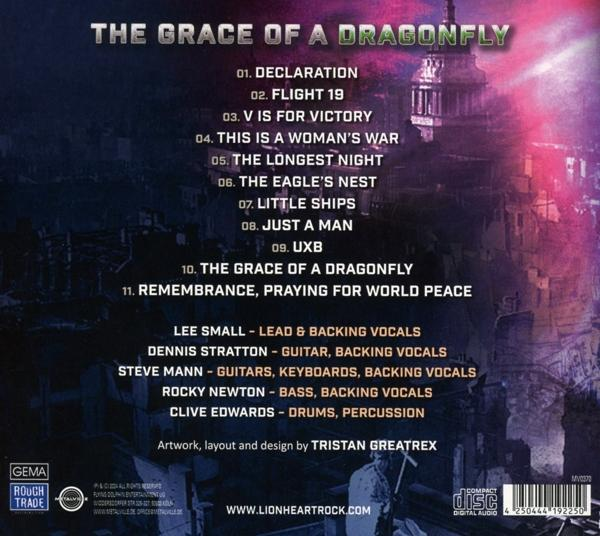 Albumcover mit Titellisten und Bandmitgliedsnamen vor dem Hintergrund einer Stadt.