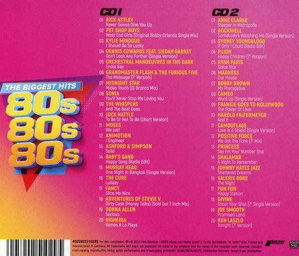 Das Cover eines CD-Covers mit einer Liste von Songs. Der Titel lautet "The Biggest Hits 80s".