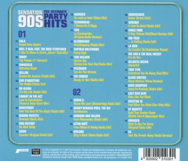 CD-Cover mit Titelliste der 90er-Jahre-Hits. Titel: Sensation The Ultimate 90s Party Hits.
