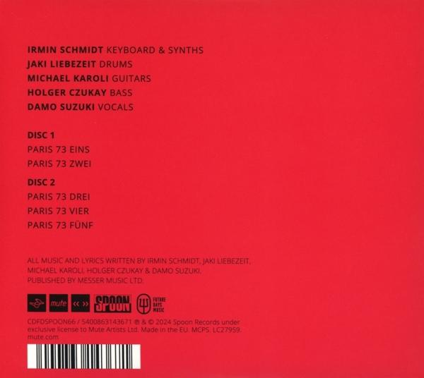 Roter Hintergrund mit Songtiteln und Credits.