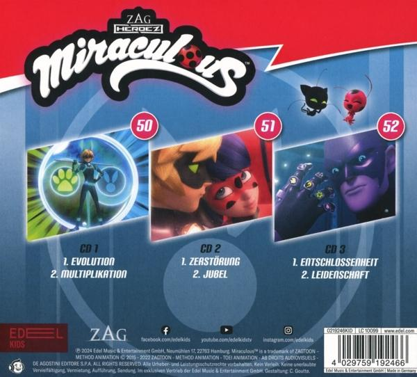 Miraculous Ladybug CD-Cover mit Charakteren. CD 1: Multiplikation, CD 2: Jubel, CD 3: Entschlossenheit.