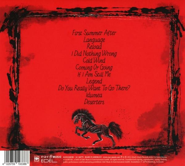 Roter Hintergrund mit schwarzem Text und schwarzer Pferdeillustration, unten weißer Text.