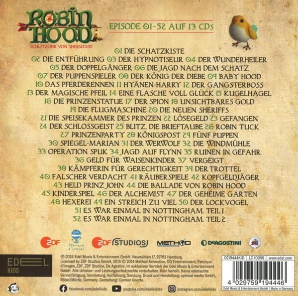Robin Hood Titelbild mit Episodenliste und Vogel-Illustration. Edel Kids Logo unten links.