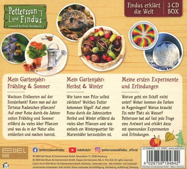Cover von Pettersson und Findus: drei Themenbereiche mit Bildern von Natur und Experimenten.