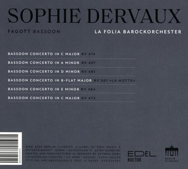 CD-Cover mit Text, Songlisten. Weißer Text auf dunklem Hintergrund. Künstlername ist Sophie Dervaux.