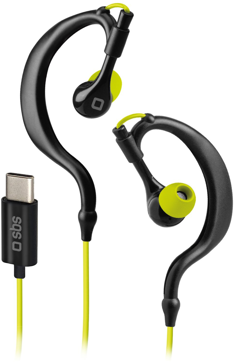 Czarne i żółte słuchawki sportowe ze złączem USB-C i kablem.