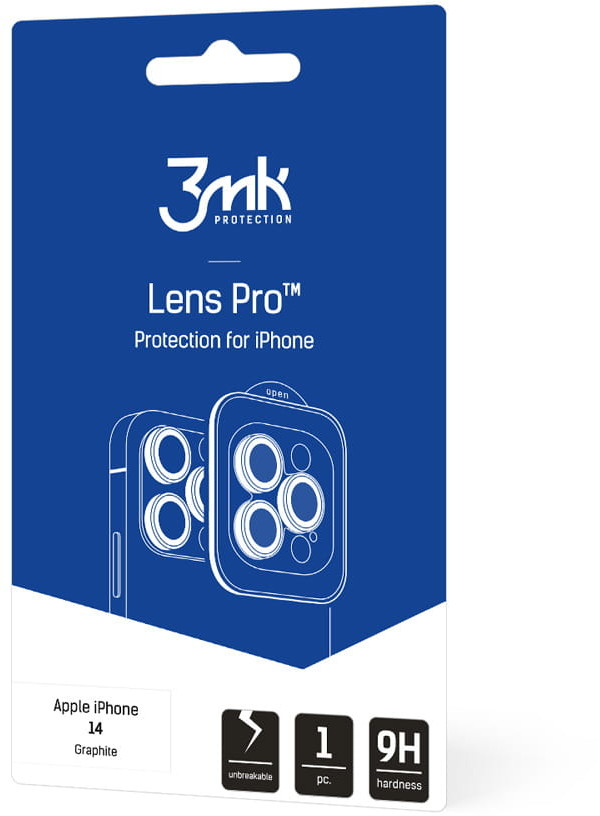 Niebieskie opakowanie osłony obiektywu do iPhone'a ze szczegółami produktu, w tym modelem iPhone 14.