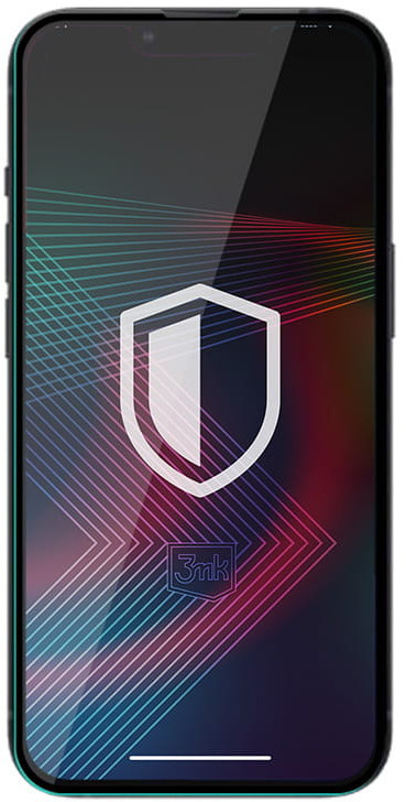 Smartfon z ekranem wyświetlającym ikonę tarczy na kolorowym, geometrycznym tle.