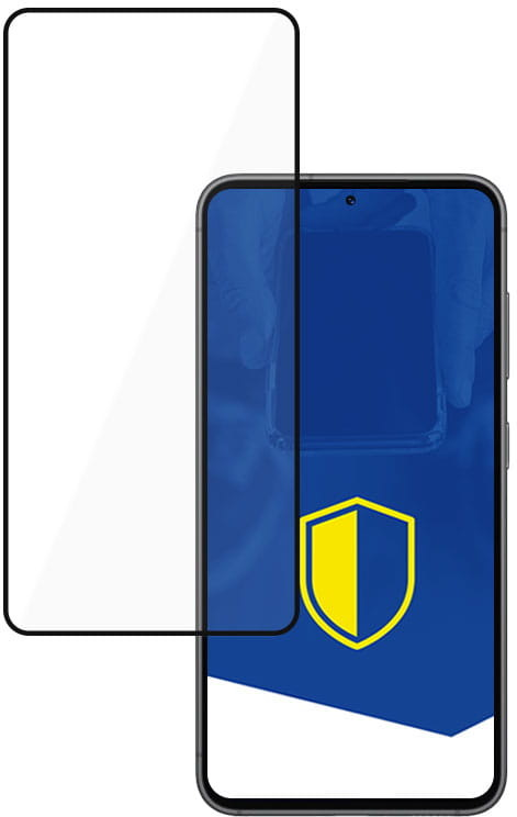 Smartfon z ochroną ekranu, pokazujący niebieski interfejs użytkownika z ikoną tarczy.