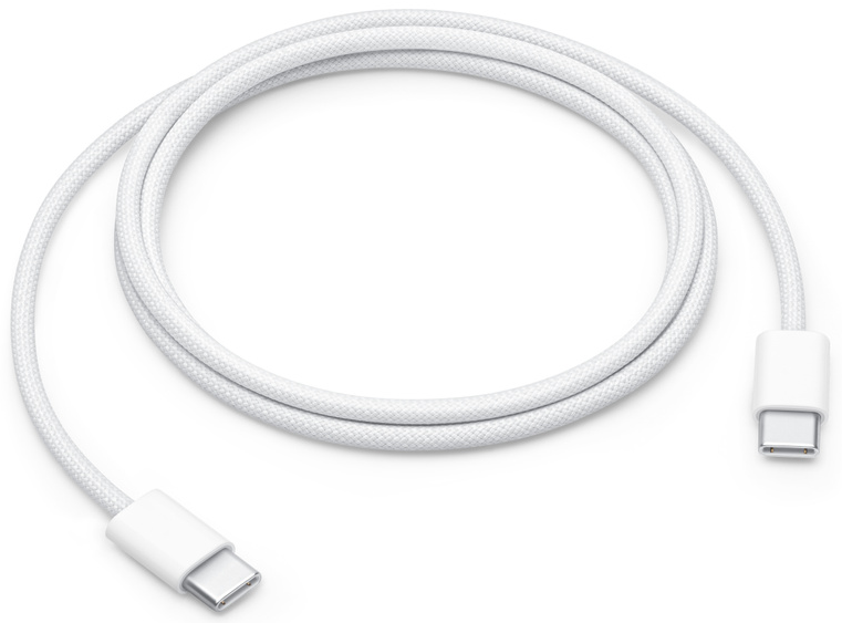 Biały kabel USB-C, zwinięty, z wtyczkami na każdym końcu. Kabel na białym tle.