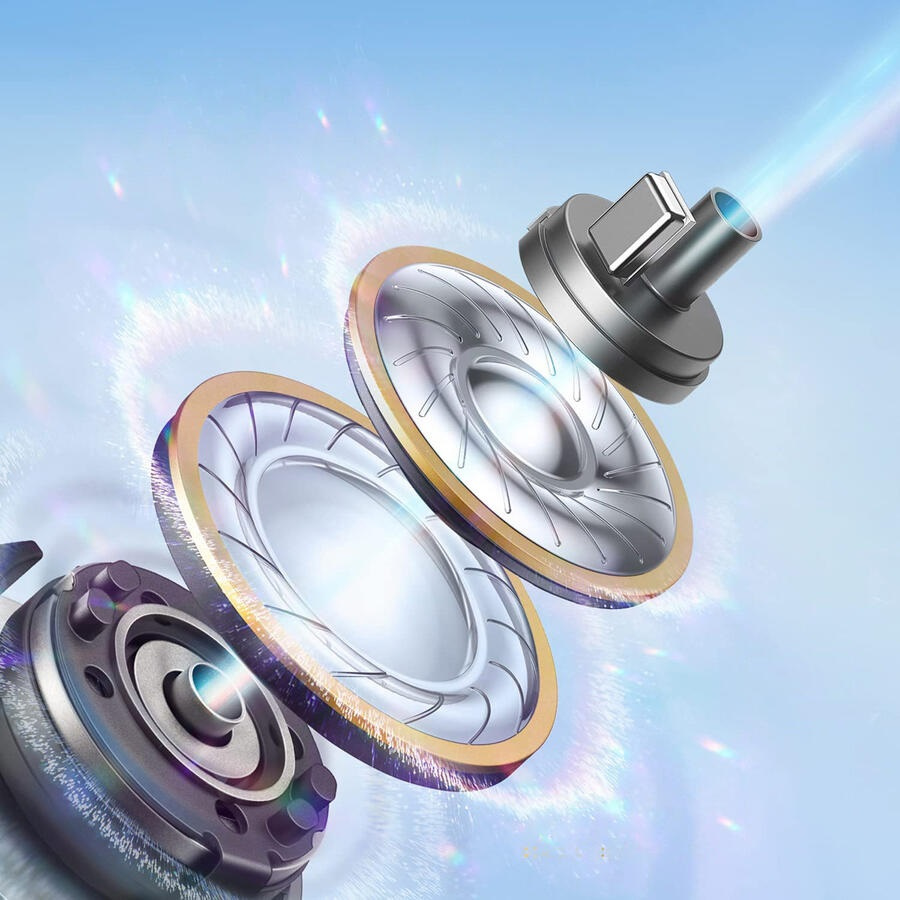 Widok rozłożony na części elementów słuchawek. Metalowe części ze złotymi i srebrnymi akcentami zawieszone na niebieskim tle z efektami świetlnymi.