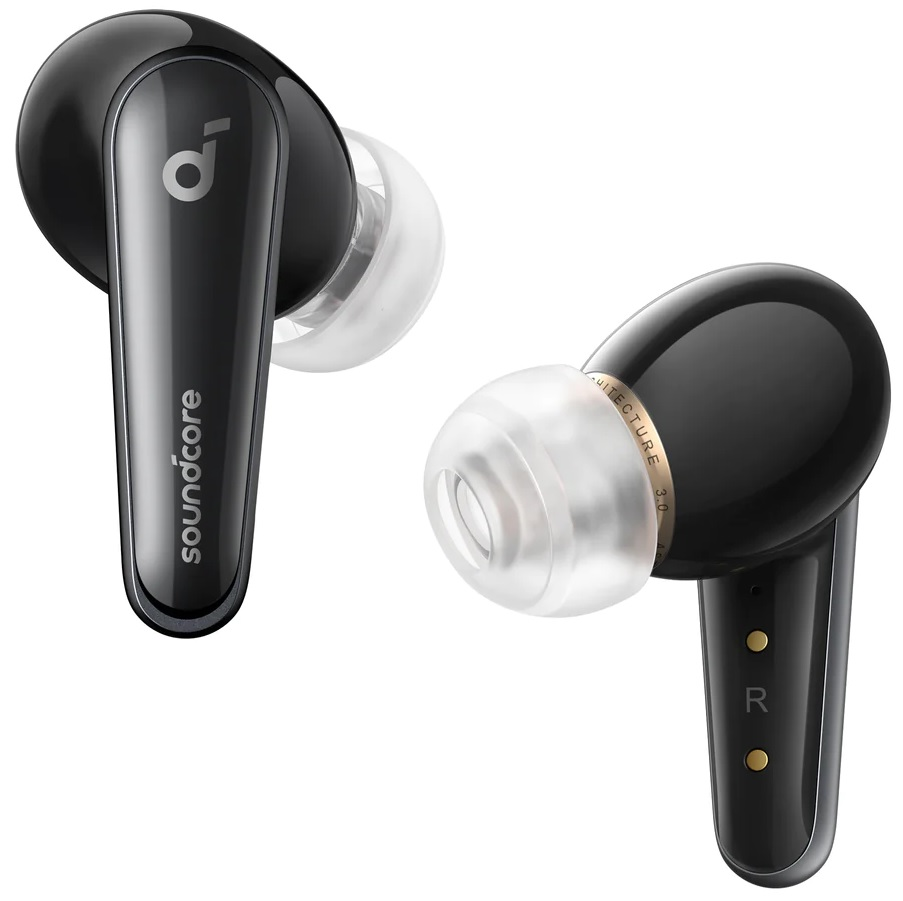 Dwa czarne słuchawki Soundcore z przezroczystymi końcówkami. Jedna pokazuje logo Soundcore, a druga literę 'R'.