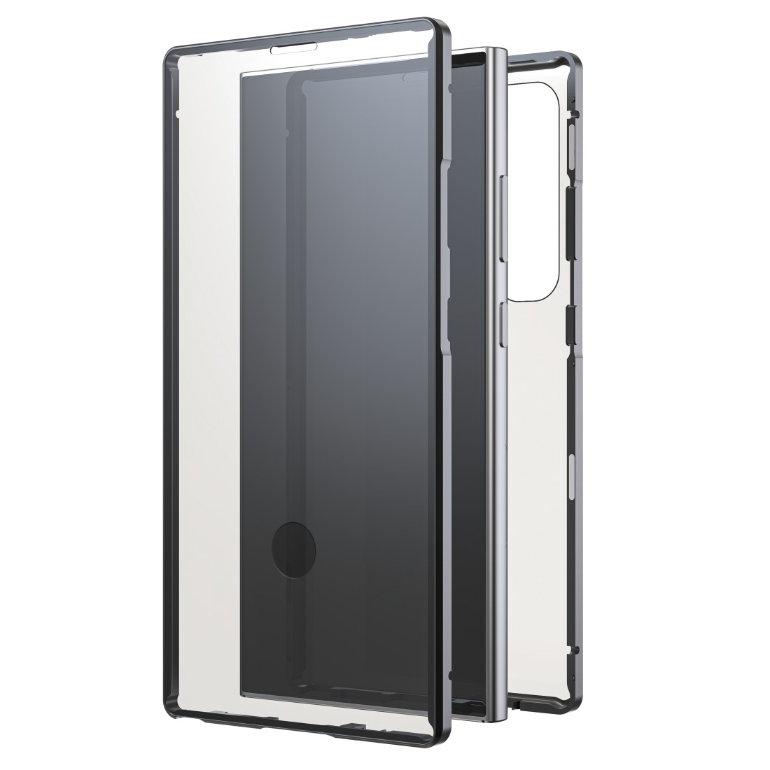 Eine transparente Handyhülle mit einem teilweise darin befindlichen Telefon. Die Hülle besteht aus Kunststoff.