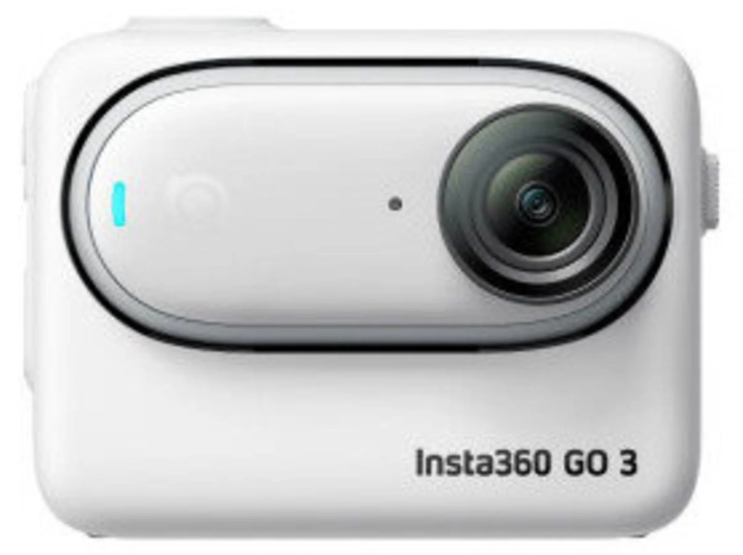 Biała kamera Insta360 GO 3. Obiektyw, kontrolka zasilania i tekst Insta360 GO 3.