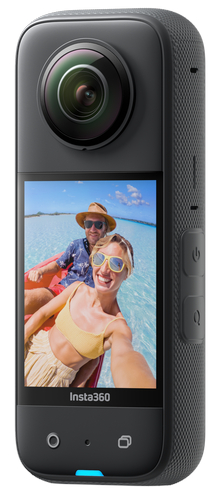 Czarna kamera 360 stopni z ekranem wyświetlającym dwie osoby.